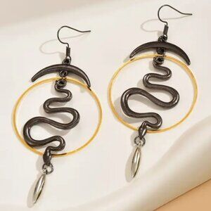 Boho Style - Moon & Snake Dangle Earrings - Light Weight - Statement Earrings
